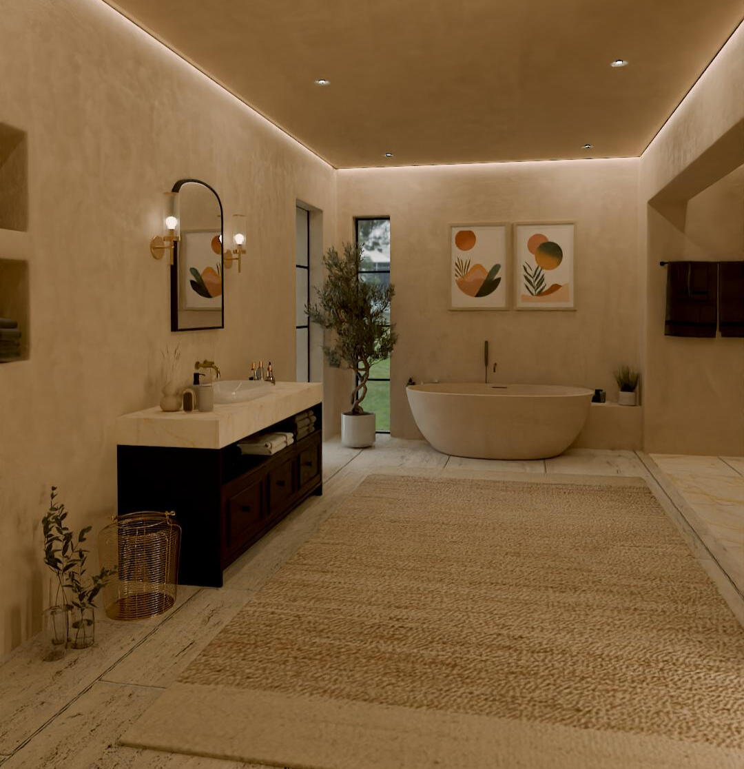 Bathroom interior visualization featuring warm materials and natural light. Bathroom interior visualization with bathtub and natural light