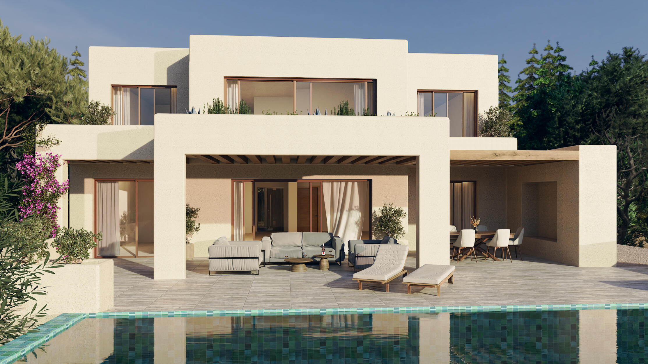 Ibiza style villa visualization with pergola, garden and Mediterranean landscaping. Ibiza style villa architectural rendering with pergola and garden