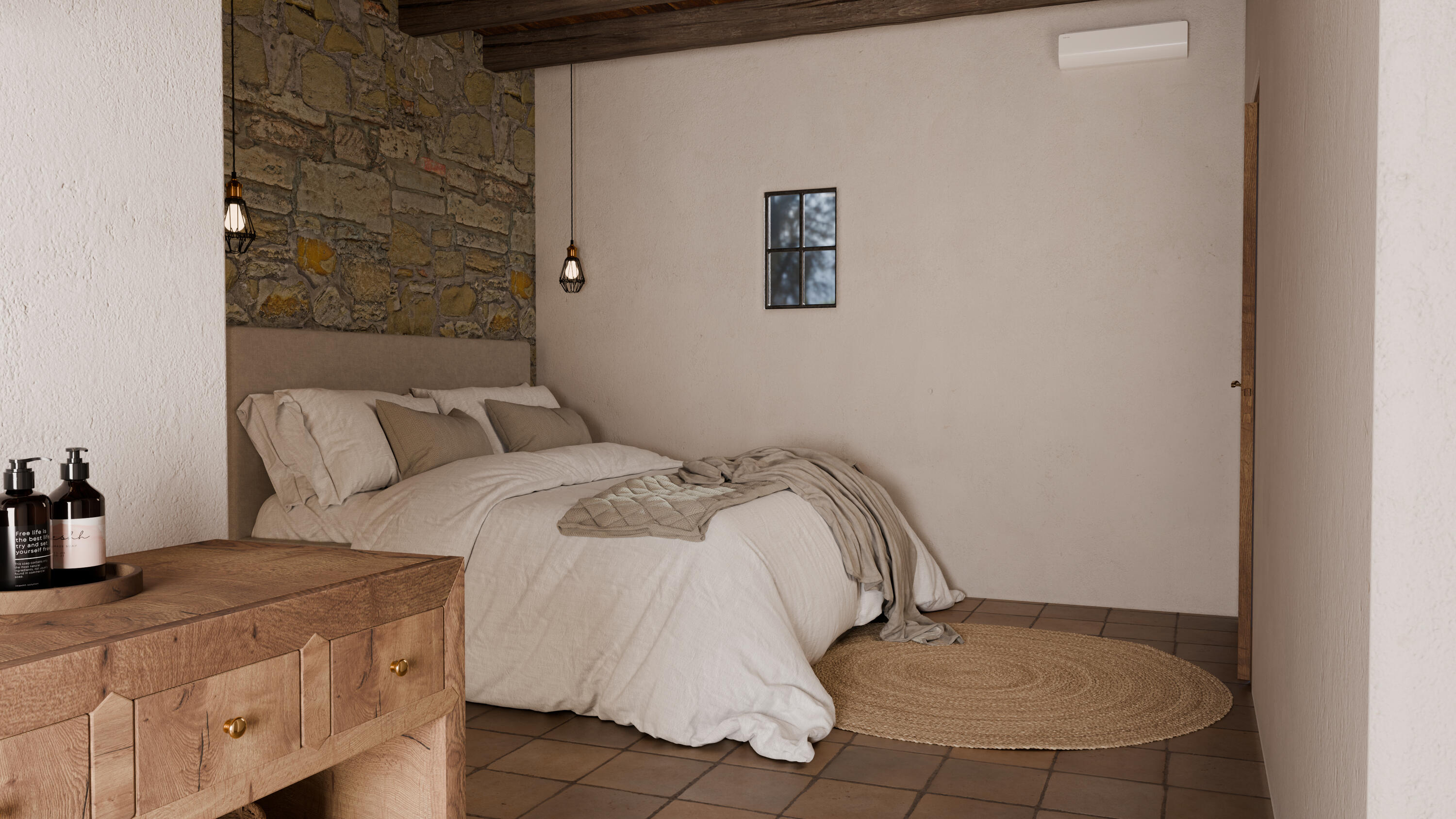 3D visualisation of an Ibiza-inspired bedroom with natural stone walls, timber beams and cream linen bedding.