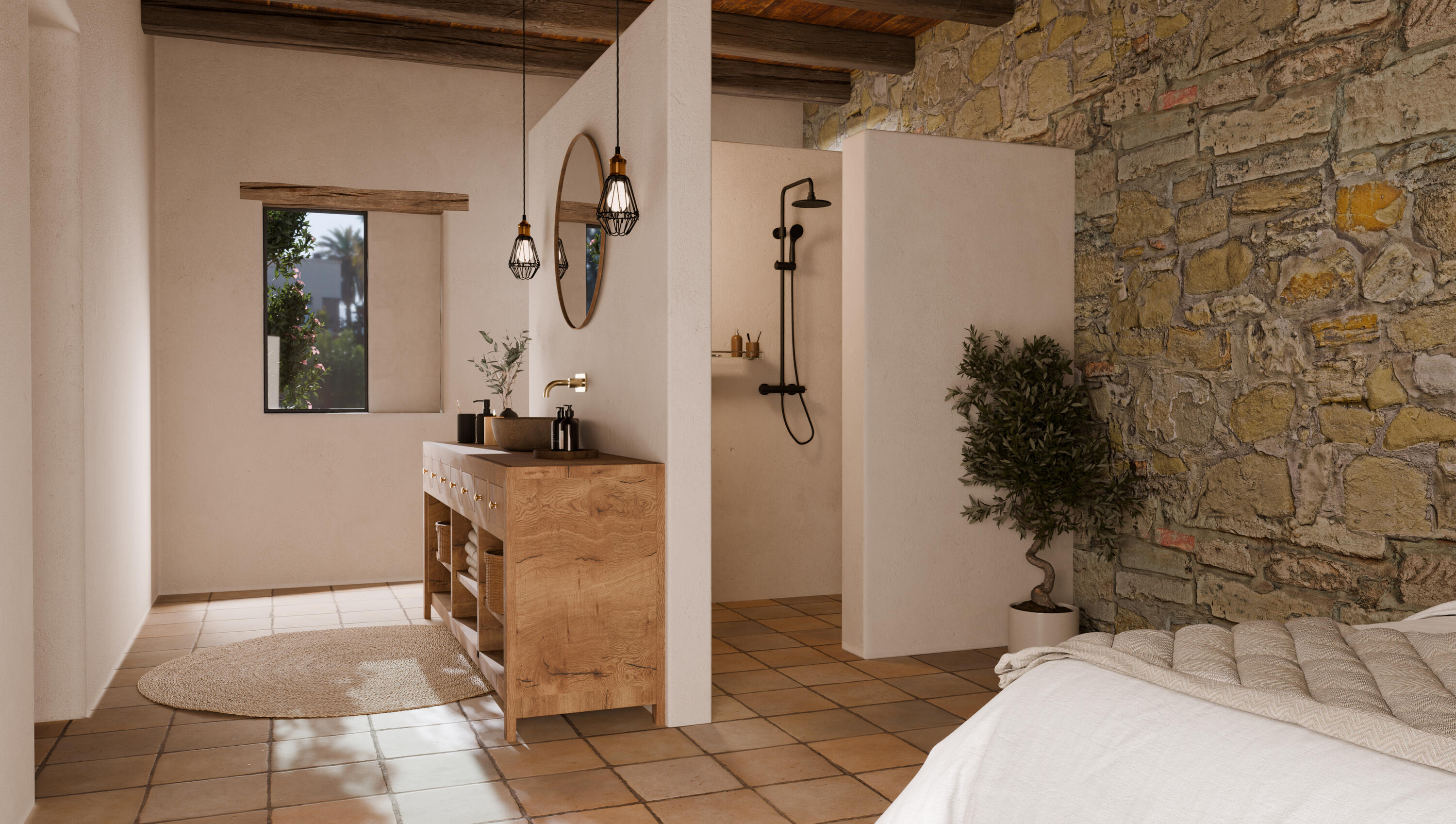 3D visualisation of an Ibiza-inspired open bathroom concept inspired by traditional Ibiza fincas. Natural stone, warm timber and soft plaster finishes bring character to a calm, light-filled space.